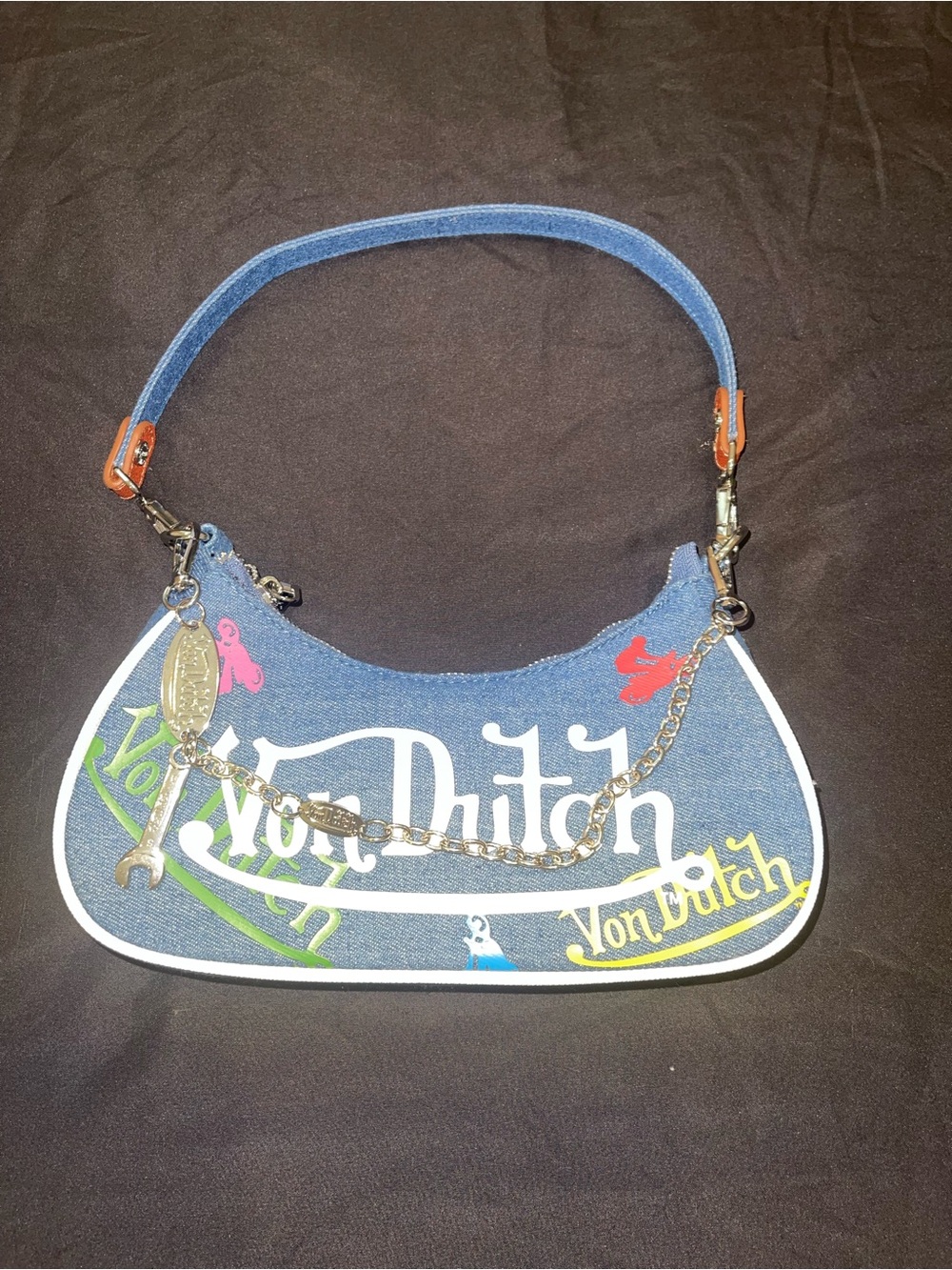 Von Dutch Denim Mini Shoulder Bag with Multicolor Logo Accents